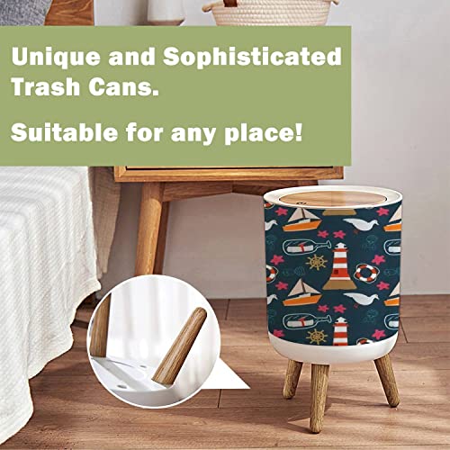 Image of Small Trash Can with Lid Nautical Seamless Illustrations of Whale Ship and Lighthouse Wood Legs Press Cover Garbage Bin Round Simple Human Waste Bin Wastebasket for Kitchen Bathroom Office
