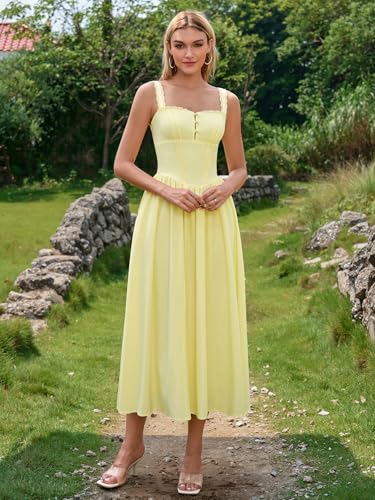 Image of KUTUMAI Women Summer Corset Midi Floral Wedding Guest Dresses with Pockets | Lace Neck, Smocked Back, Flowy A Line Sundress for 2026 Engagement Photoshoot Bridal Shower Garden Party