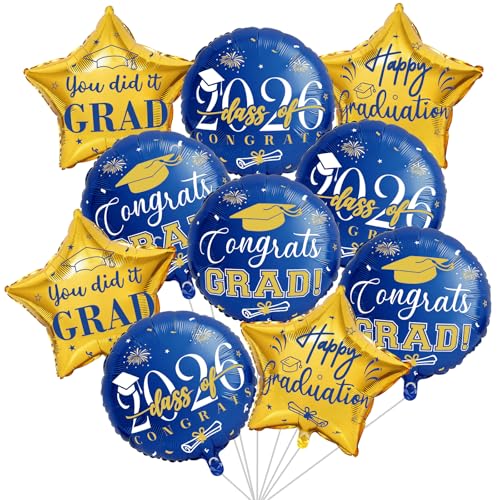 Graduation Balloons Class of 2026 10Pcs 18 Blue Gold Congrats Grad Round Foil Balloons with 19 Star Mylar Balloons Grad Party Decorations Supplies for College High School