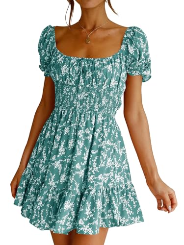 Image of Imily Bela Womens Summer Dress Ruffle Sleeve Sqaure Neck Smocked Sun Dress Casual Boho Beach Floral Mini Dress