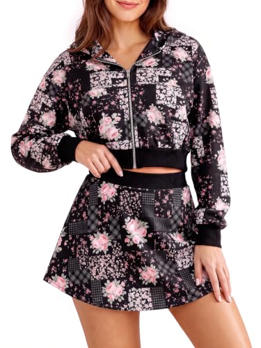 Aoysky Womens 2 Piece Outfits Skort Sets Floral Plaid Hoodie