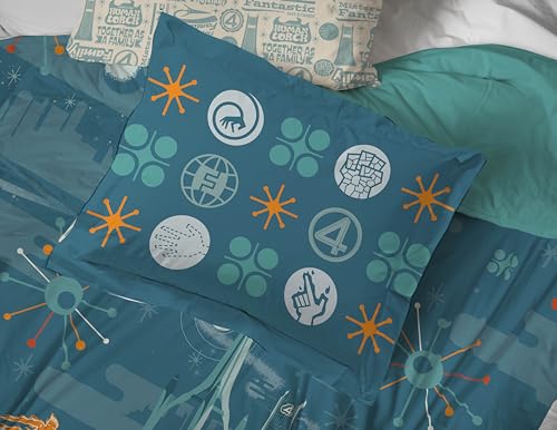 Image of Marvel Fantastic Four Full Size Comforter Set 7 Piece Bedding, Blue | Superhero, Bed in a Bag, Comforter Sheets Shams Pillowcases, Official Product, Soft Microfiber, Machine Washable, Kids Gift