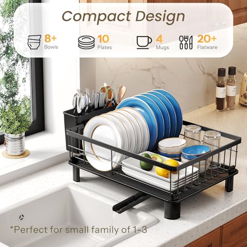 Escurridor de platos, pequeño escurridor de platos para encimera de cocina, escurridor de platos de acero inoxidable con soporte para utensilios y escurridor (negro) - Vista 3