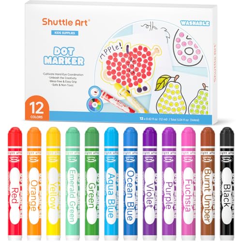 Shuttle Art Dot Markers, 12 Colors Washable Markers for Toddlers,Bingo Daubers Supplies Kids Preschool Children, Non Toxic Water-Based 12 Colors 1 Count (Pack of 12)