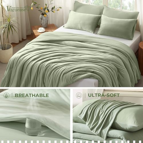 Image of Full Size Comforter Set, Comforters Full Size Luxury Ultra-Soft Jersey Knit Bedding Sets, Sage Green Lightweight Down Alternative Bed Comforter for All Season, 3 Piece Bedding Set