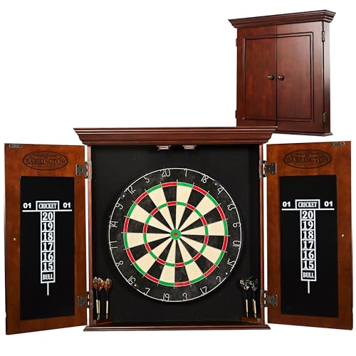 Barrington Billiards Chatham Wood Dartboard Cabinet With 18” Bristle Dartboard and Steel Tip Dart...