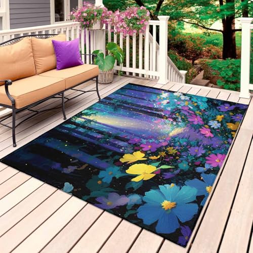 Colorful Flowers Outdoor Rug for Patio/Deck/Porch, Non-Slip Large Area Rug