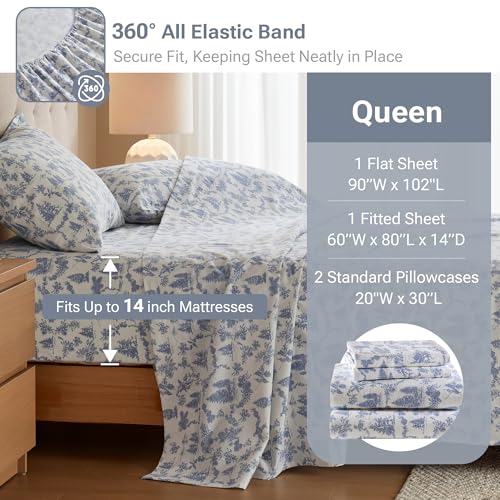 Image of True North by Sleep Philosophy Cotton Sheet Set Cozy Print 100% Cotton Flannel Sheets Bedding Set, Oversized Sheets, Deep Pocket Fits Up to 14 inch Mattress Queen Bed Sheets Queen Toile Pine Trees 4pc