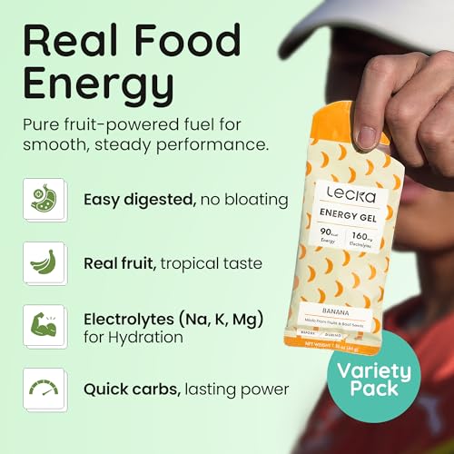 Image of Lecka Natural Energy Gels - Maltodextrin-Free Running Fuel for Sensitive Stomachs - 27g Carbs from Real Fruit & Basil Seeds - High-Electrolyte Marathon & Ultra (Variety Pack - Four Flavors)