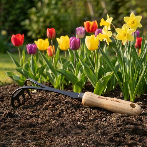 Rastrillo de mano de acero inoxidable con mango de madera miniatura 6