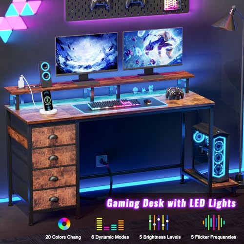 Furologee 55 Inch Computer Desk Gaming with 4 Fabric Drawers with Power Outlets and LED Lights for Home Office with Full Monitor Stand and Shelf Study Table for Small Spaces Rustic Brown
