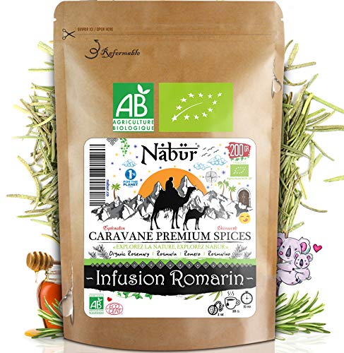 Nabür - Tisane Romarin Bio 200gr | Infusion feuille romarin biologique | Tisane Hiver, Digestion, Détox, Tonic | Tisane Menstrue
