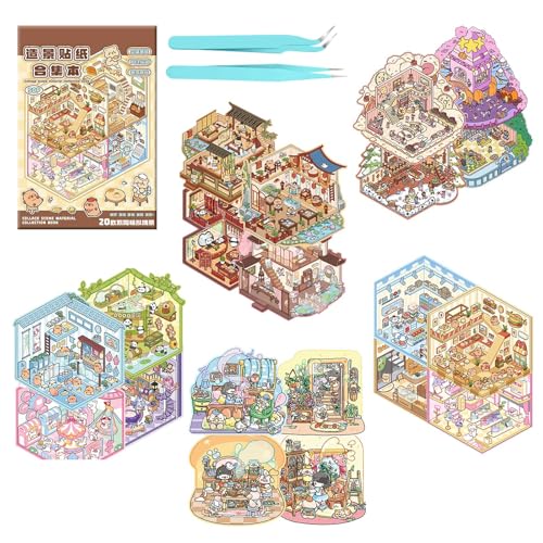 Kesteey 20 Sets 3D Sticker Therapy Scene Material Book Creative Fun 3D Space Stickers DIY 3D House Stickers Set for Adults Relief Stress Pass The Time Play Park Hamburg Castle Library (A)
