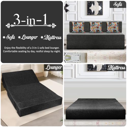Image of Los Angeles Foldable Three Seater Sofa Cum Bed, Sofa Bed 5 X 6 Feet Jute Fabric Washable Cover- Including Cushion Perfect for Living Room - Black