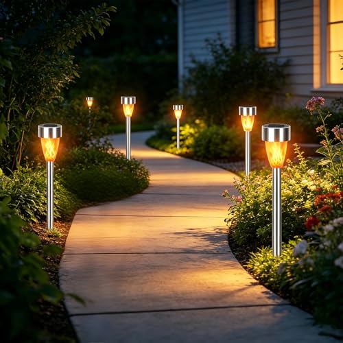 Aigostar   Luces solares de exterior llama 6 unidades, iluminación realista con antorchas encendidas, IP44 impermeable linternas solares, lámparas solares de jardín para decoración, césped, patio o