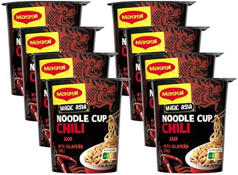 MAGGI Magic Asia Noodle Cup Chili, 8er Pack (8 x 63g) | Leckeres Fertiggericht mit asiatischen Instant Nudeln in Brühe mit scharfer Chili-Gewürzmischung im praktischen Becher
