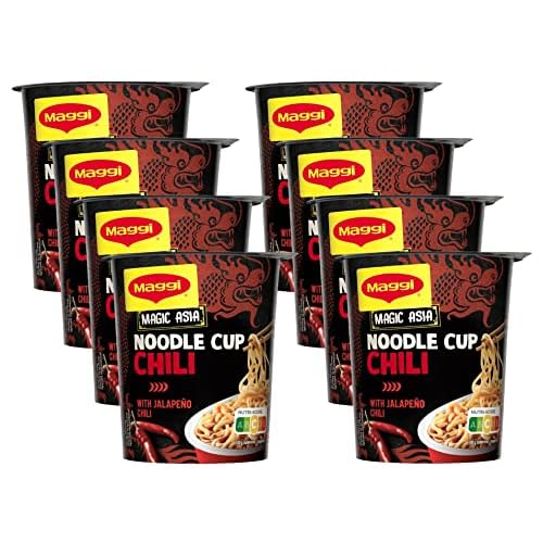 MAGGI Magic Asia Noodle Cup Chili, leckeres Fertiggericht in Brühe mit scharfer Chili-Gewürzmischung im praktischen Becher, 8er Pack (8 x 63g)