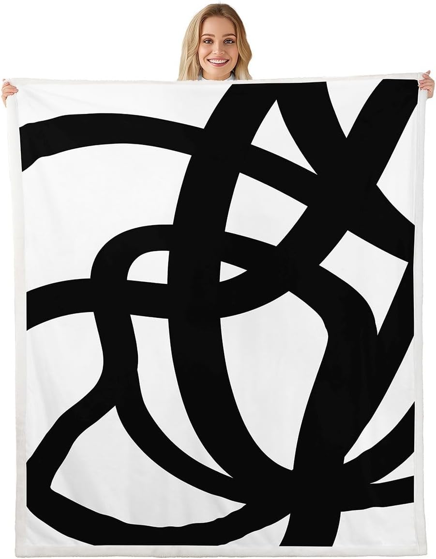 jejeloiu Stripe Line Fleece Throw Blanket Twin 60"x80" Kids Geometric Plush Blanket for Bed Sofa Couch Black and White Soft Abstract Room Decor Modern Art