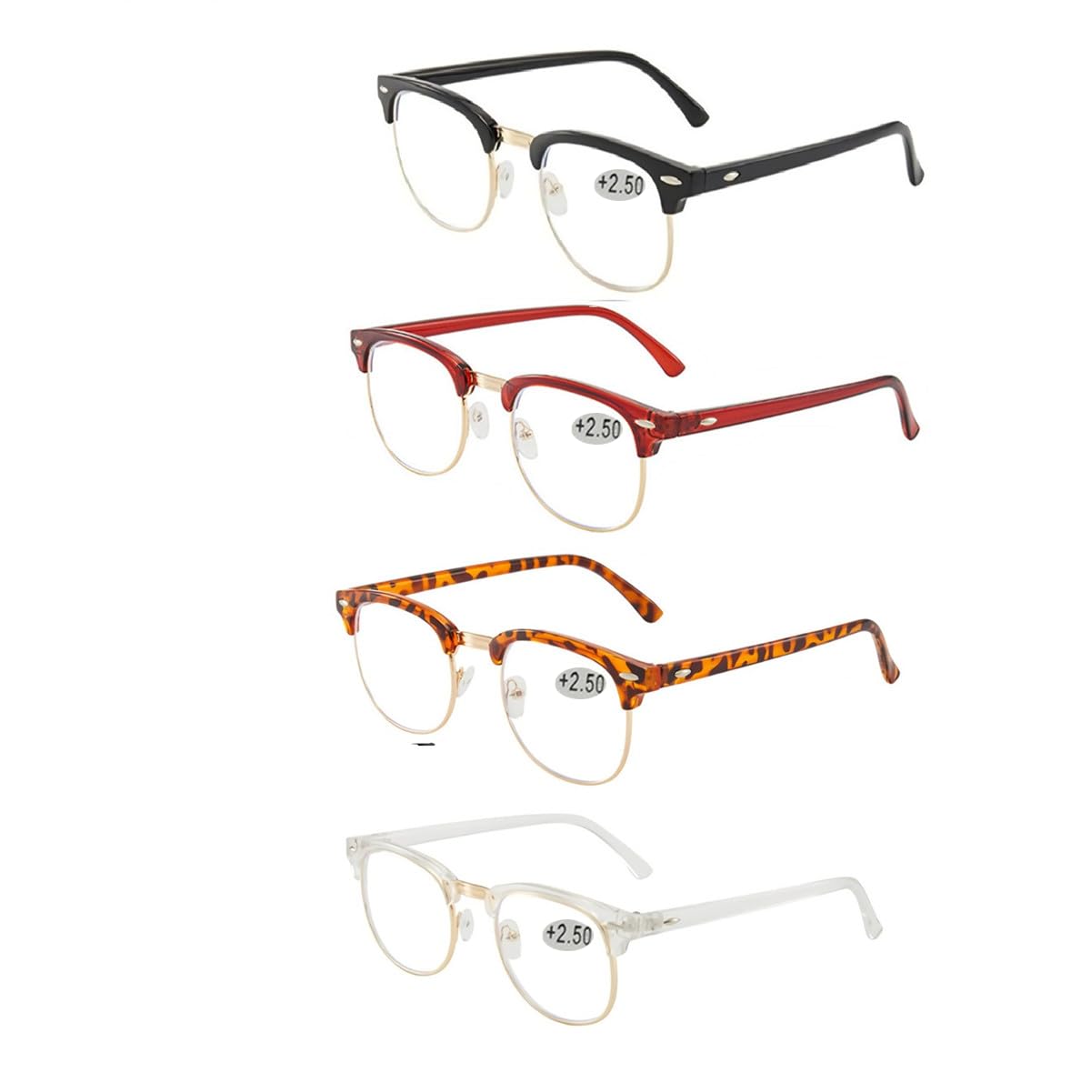 Half frame Retro Semi Rimless Clear Lens Glasses Blue Blocking Eyewear Men Women (4 Pack Reading 2.5 X)