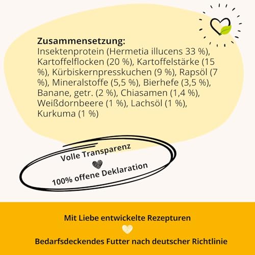 BugBell 800g High Energy Trockenfutter für Hunde, Insektenprotein ohne Getreide, Banane & Kürbis & Chia & Lachsöl & L-Carnitin unterstützen ein aktives Hundeleben, 100% transparente Deklaration