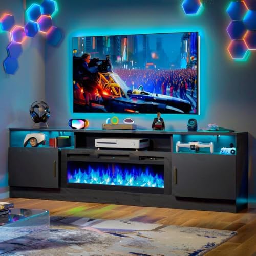 OneBlis 80' Fireplace TV Stand with Power Outlet for TVs UP to 90', Electric Fireplace Entertainment Center with LED Lights & Storage Cabinets, TV Console for Living Room, Office, Black-Black