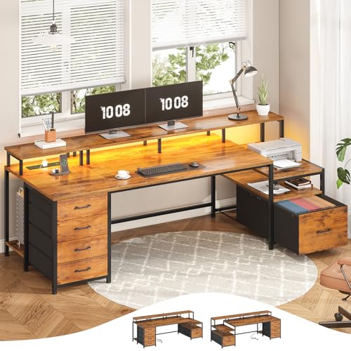 Image of SEDETA Home Office Desk with File Drawer & Power Outlet, 75'' Large Computer Desk with 5 Drawer, Storage Shelves, Monitor Shelf and Led Lights, 23.6 inch W Desktop Gaming Desk, Rustic Brown
