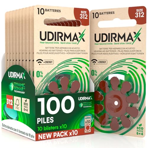 100 Piles Auditives PR41 Taille 312 (Marron) Udirmax Zinc-Air 0% Mercure 1,45V Eco Pack - 10 Blisters Écologiques de 10 Piles
