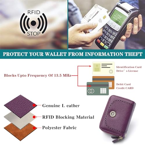 Image of GOIACII RFID Credit Card Holder Wallet, Small Genuine Leather Wallet for Women 2 Zipper