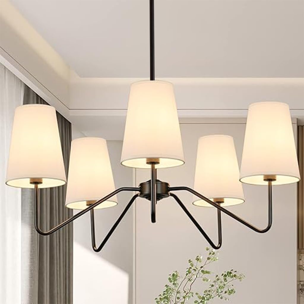Lustre américain Abat - Jour en Tissu Design rétro Lustre 5 Branches Lumineuses Noir Mat Hauteur réglable Salon Lustre Chambre Cuisine Salle à Manger luminaires