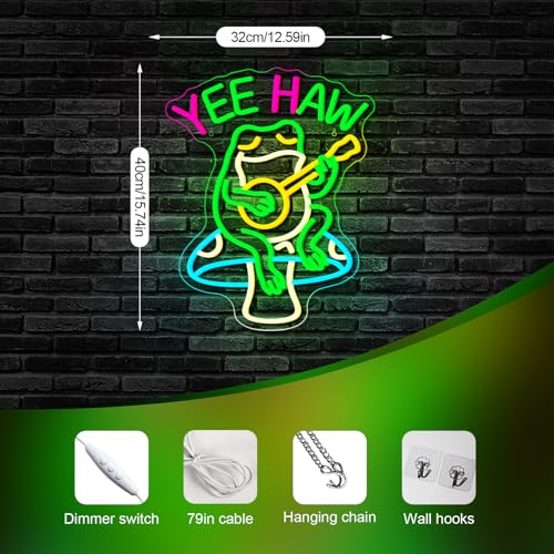 Image of Yee Haw Frog Neon Sign Guitar LED Light 13x16 Inch Cartoon Cowboy Frog Neon Signs for Bar Pub Man Cave Bedroom Game Room Wall Decor Music Fans Gift