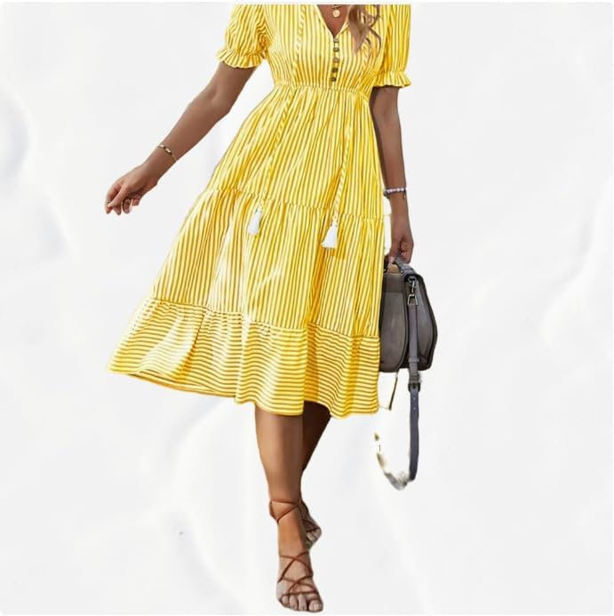 Women's Striped V-Neck Elastic Waist Short Sleeve A-Line Dress女装条纹连衣裙v领松紧腰短袖大摆连衣裙 Beige2