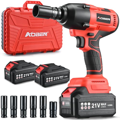 Image of AOBEN Cordless Impact Wrench 1 /2 Inch, Power Impact Gun Kit, Max 600N.M /450Ft-lbs High Torque Electric Impact Driver for Car RV Tire, 2 Packs x 4.0Ah Battery, Charger, 6 Sockets & Storage Tool Case