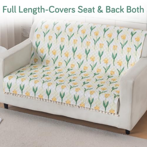 Image of HOKIPO Tulip Blossom Quilted Sofa Cover for 2 Seater with Tassels for Seat & Back, 'Tassel Twigs' Series (IN-990-T4)