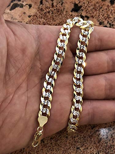 Harlembling Men's Cuban Link Bracelet 14K Gold Over Solid 925 Sterling Silver Bracelet - 8.5" 8Mm - Two Tone Diamond Cut Pave #TOP2