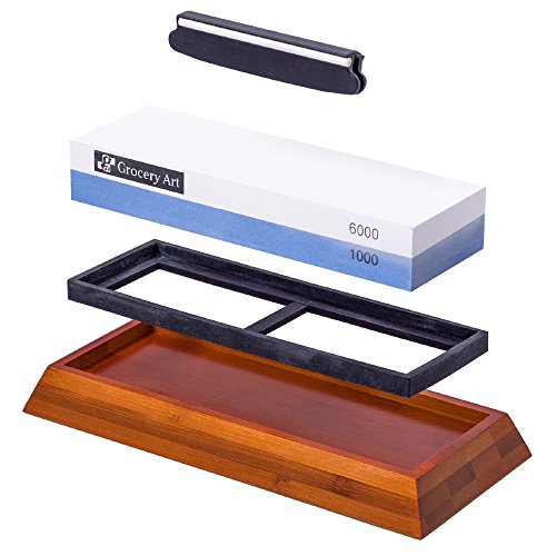Whetstone Knife Sharpening Stone | Waterstone Knife Sharpener 1000-6000 Grit with Non-Slip Bamboo Base and Angle Guide | Best Wet Stone Kitchen Knives Sharpening Kit