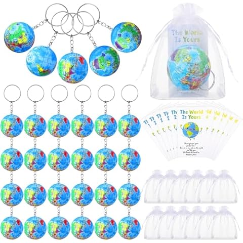 Quelay 24 Pack Globe Keychains for Kids, Planet Earth Keyrings Toy Includes Globe Stress Balls Cards Organza Bags, School Party Favor Cover