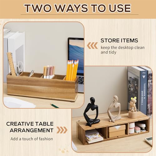 Image of Jetec Wooden Pencil Pen Holder for Desk 6 Compartments Wood Office Desk Organizers for Countertop Adjustable Makeup Brush Organizer Silverware Caddy for Party, Home, Art Supplies (Acacia Wood)