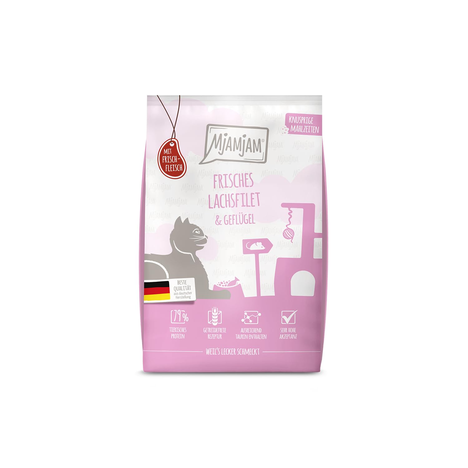 MjAMjAM - Crocchette premium per gatti - Pasti croccanti - Filetto di salmone fresco e pollame, confezione singola (1 x 1,5 kg), senza cereali