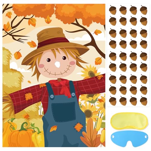 Hooqict Thanksgiving Games for Kids Party Pin The Nose on The Scarecrow Thanksgiving Activities Fall Festival Games Autumn Harvest Party Decorations, Large Pin The Tail Poster with 48 Stickers