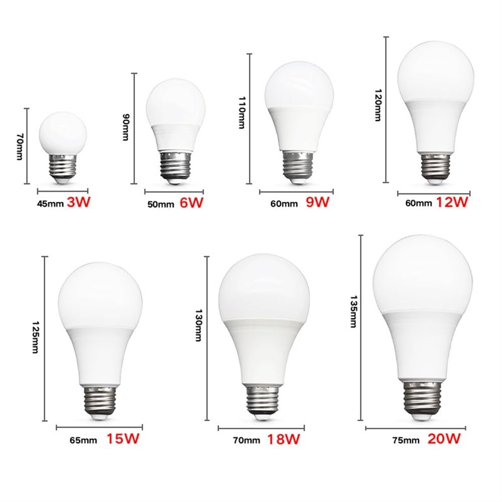 Ampoules LED pour la Maison (Lot de 6) E27 AC 220V SMD2835 3W 6W 9W 12W 15W 18W 20W, Ampoules LED à économie d'énergie, Blanc Chaud/Froid, pour éclairage extérieur et Domestique.