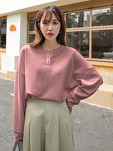 Image of Women's Waffle Button Down Neck Korean Tops for Women || Oversized t Shirts for Women || Long Sleeve Tops