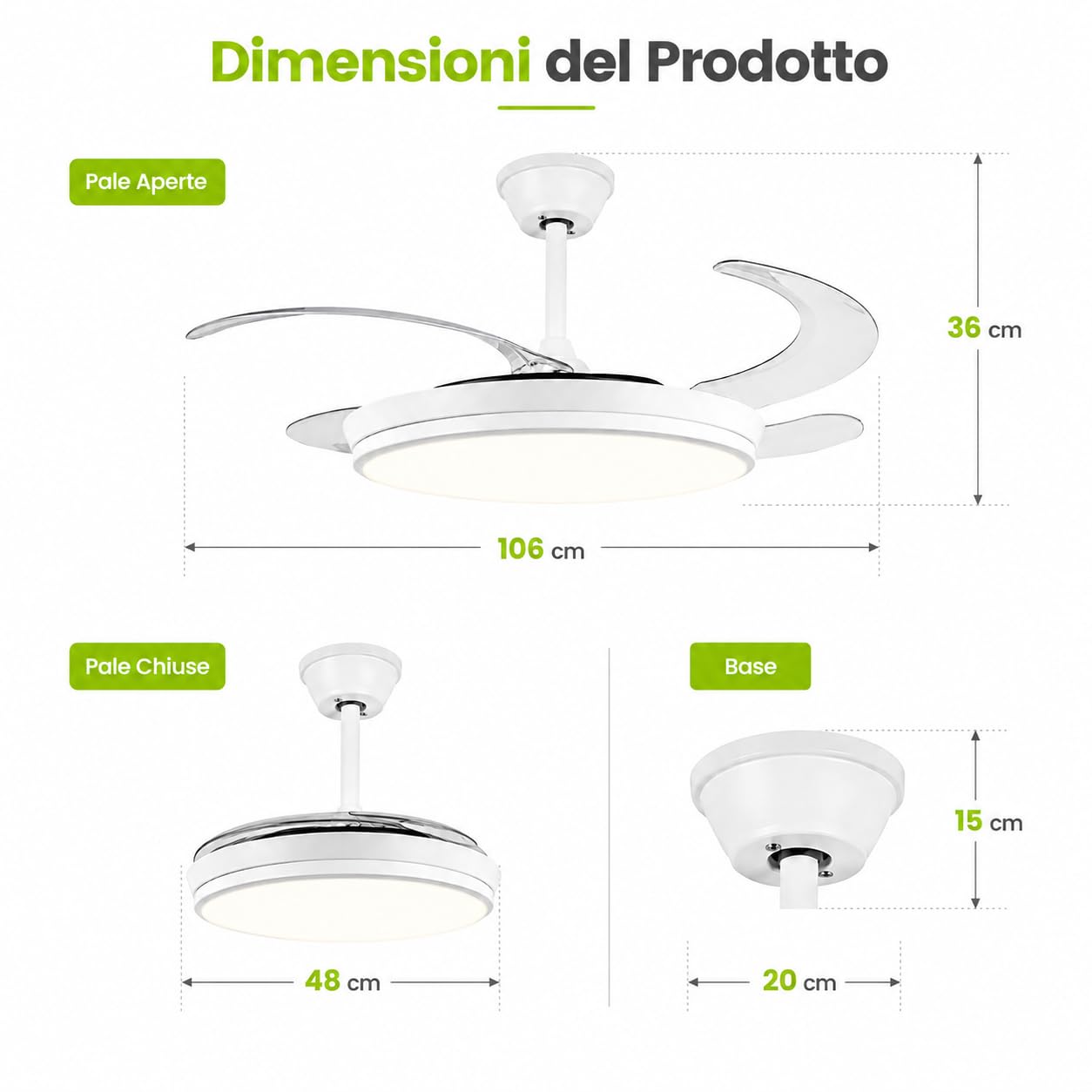 Ventilatore da Soffitto con Luce LED 36W e Telecomando | Pale Retrattili 106 cm | 6 Velocità Motore DC | CCT 3000K 4000K 6500K | Lampadario Ventilatore Moderno