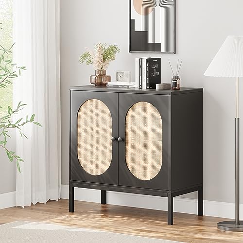 Image of Sideboard Buffet Cabinet with Storage, Accent Cabinet with Rattan Doors, Adjustable Shelf & Metal Feet, Coffee Bar Liquor Cabinet for Living Room, Dining Room, Hallway & Kitchen,Black