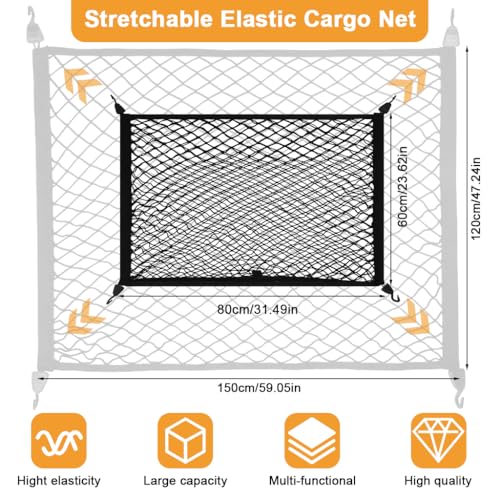 Image of STHIRA Elastic Bungee Cargo Net Car Trunk Shipping Net Mesh Double Layer Stretchy Tie-Down Net with Hooks, Expandable Cargo Mesh with Mounting Accessories, 80x60cm-180-120cm