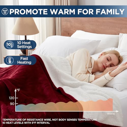 Westinghouse Electric Blanket Full, Heated Blanket Full Size with 10 Heating Levels and 1 to 12 Hours Heating Time Settings, Flannel to Sherpa Reversible, Machine Washable (80" x 84", Red)