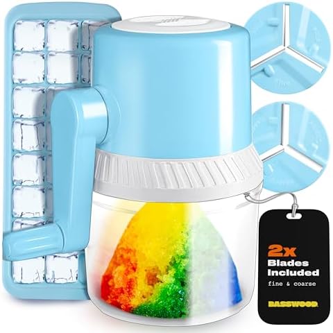 Manual Ice Shaver - Snow Cone Machine with Ice Cube Tray, Stainless Steel Blades, & Large Container - Portable Crushed Ice Machine for Home - Shaved Ice Maker Kit for Kids Snowcones, Slushies & More Cover
