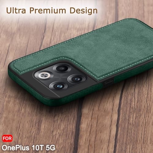 Image of TheGiftKart Genuine Leather Finish Back Cover Case for OnePlus 10T | Shockproof Design | Raised Edges for Camera & Screen Protection | Stunning Minimalist Design Case Cover (Faux Leather & PC, Green)