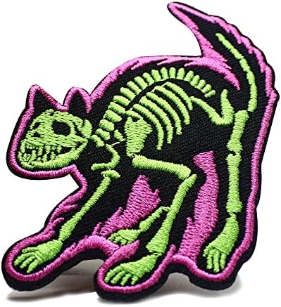 PatchKingdom Skeleton Bone Cat Embroidered Iron on Sew on Patch Funny Punk Biker Emblem Gothic Kitten Armband Badge for Shirts Backpack Applique Accessory (Green Pink Iron on), 6X8CM/2.4X3.2INCH