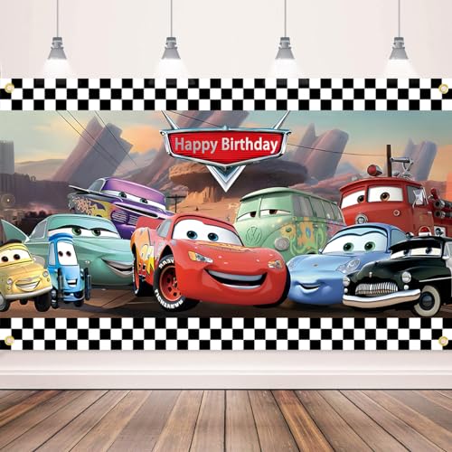 Cars Birthday Party Supplies, Party Decorations Set Include Banner, Backdrop, Balloons, Hanging Swirls, Cake Cupcake Toppers, Tablecloth for Boys Girls Cars Theme Party