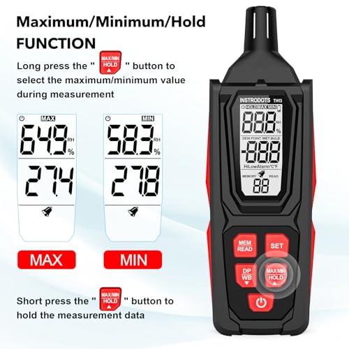 Image of Temperature Humidity Meter, High Precision Digital Hygrometer Thermometer with Dew Point /Wet Bulb, Indoor Outdoor Monitor, 99 Data Storage, Temp Alarm, Backlight, MAX /MIN, Auto Shutdown